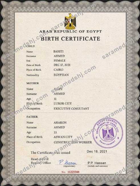 Egypt vital record birth certificate PSD template